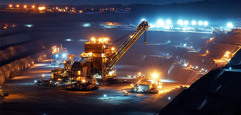 Ночной вид на угольный завод с промышленными клапанами