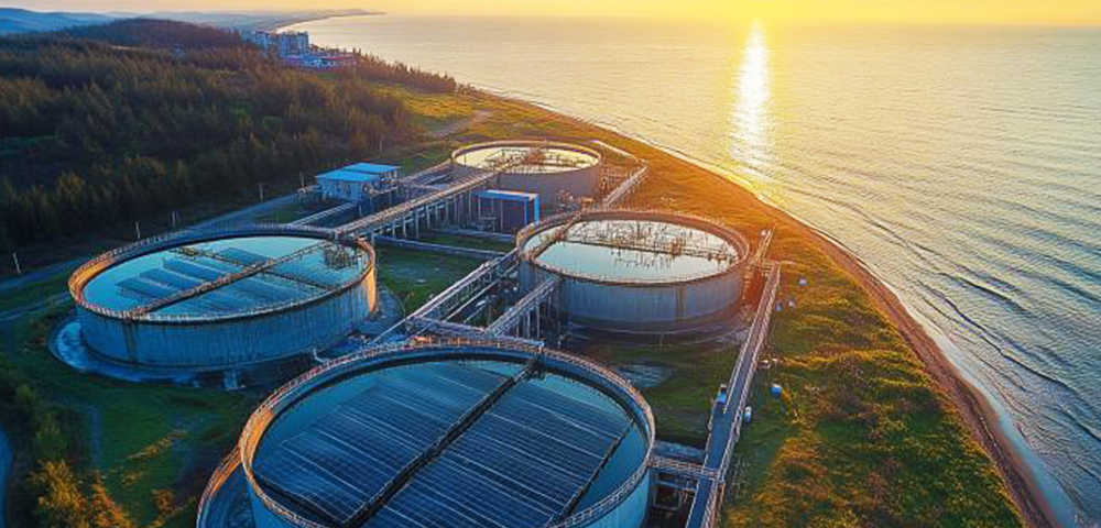 Аэрофотоснижающий вид на водоочистные сооружения с контрольными клапанами