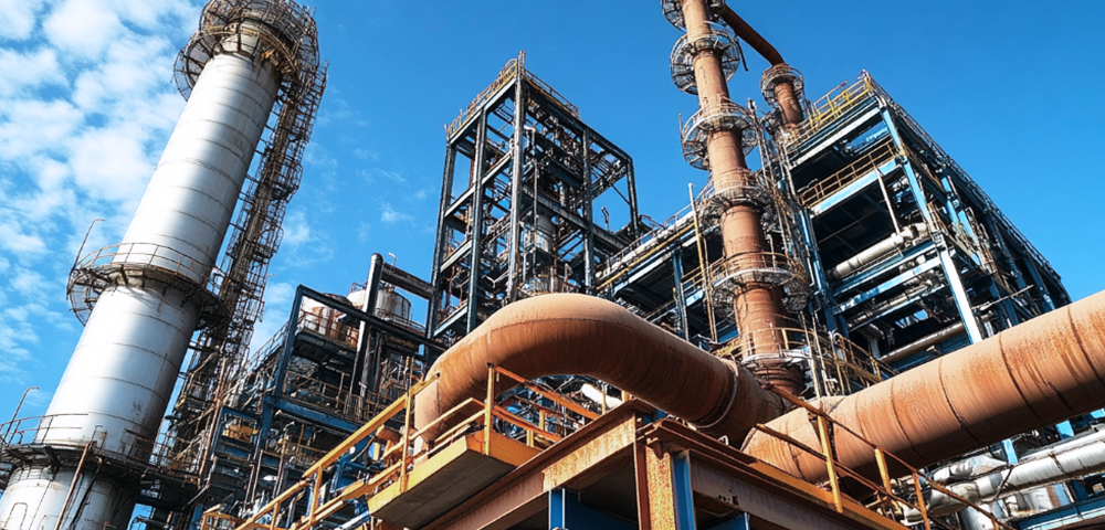 Завод по химической переработке с промышленной системой трубопроводов