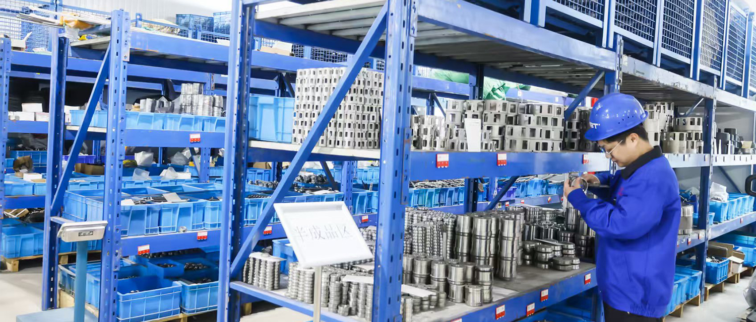 Organized warehouse shelving with industrial valve components inventory